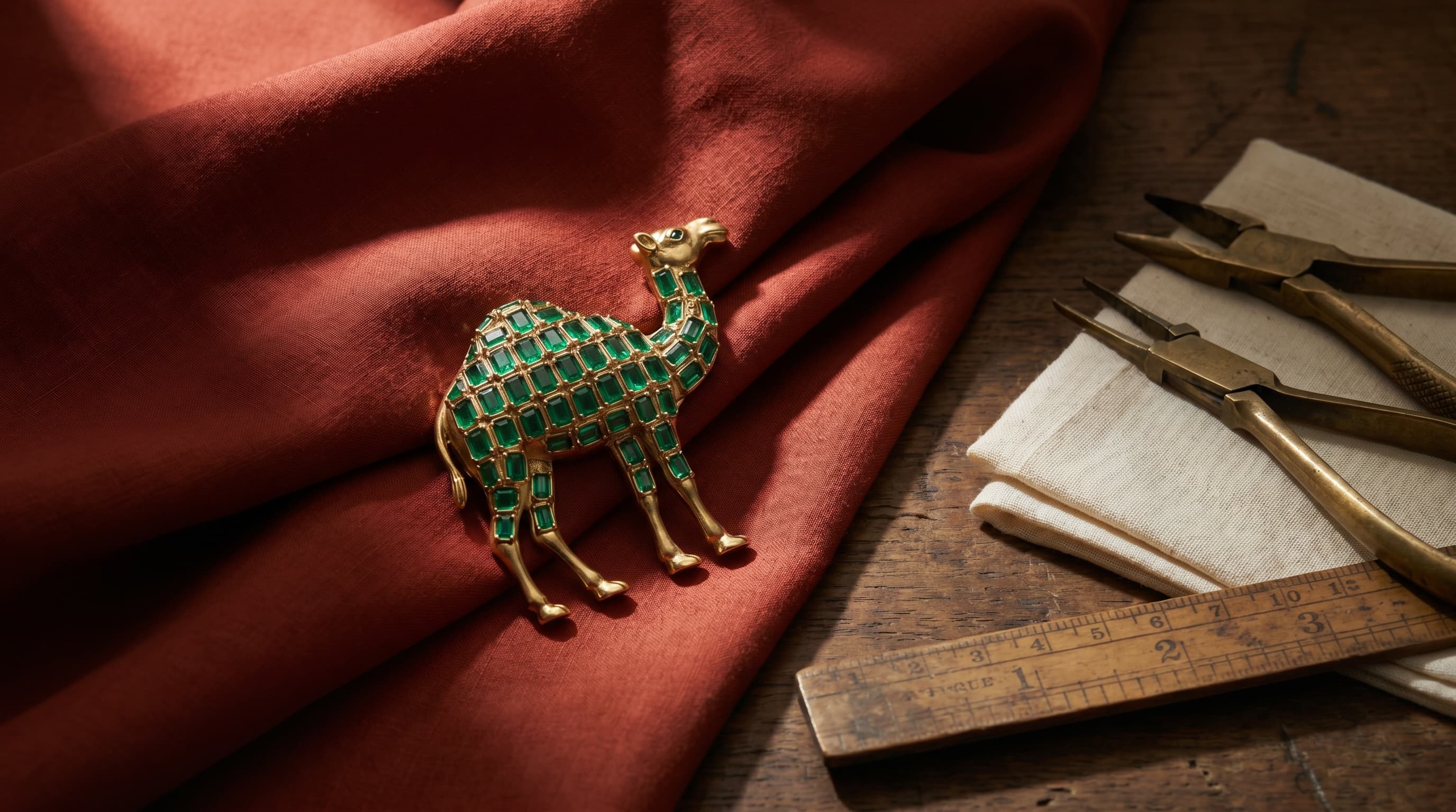 A House of Saya brooch resting on raw silk